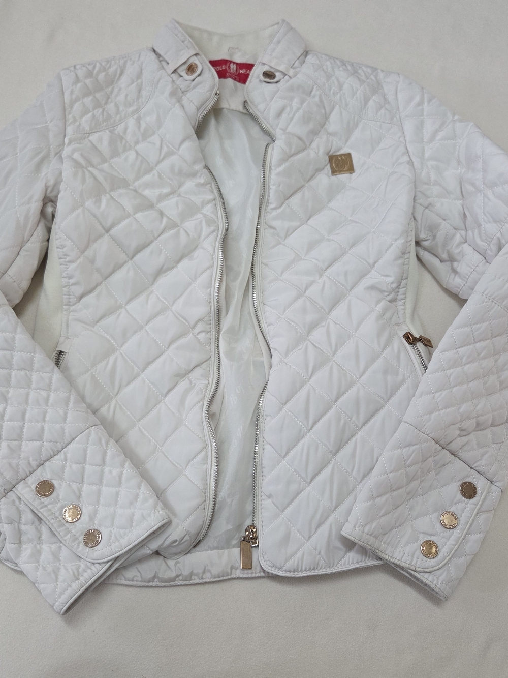 White Quilted Bomber Jacket with Gold-Tone Details